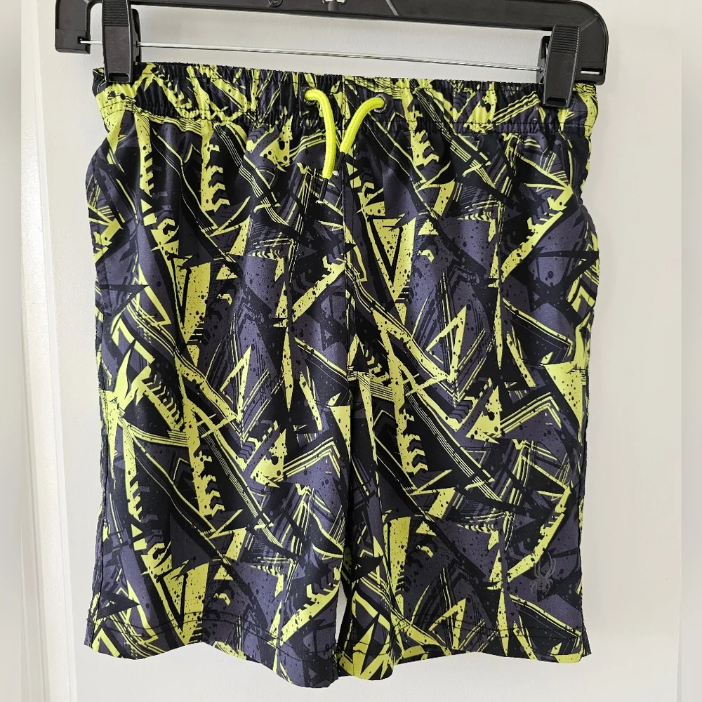 sz7/8 Spyder‎ drawstring waist black green hybrid bathing suit / shorts pockets